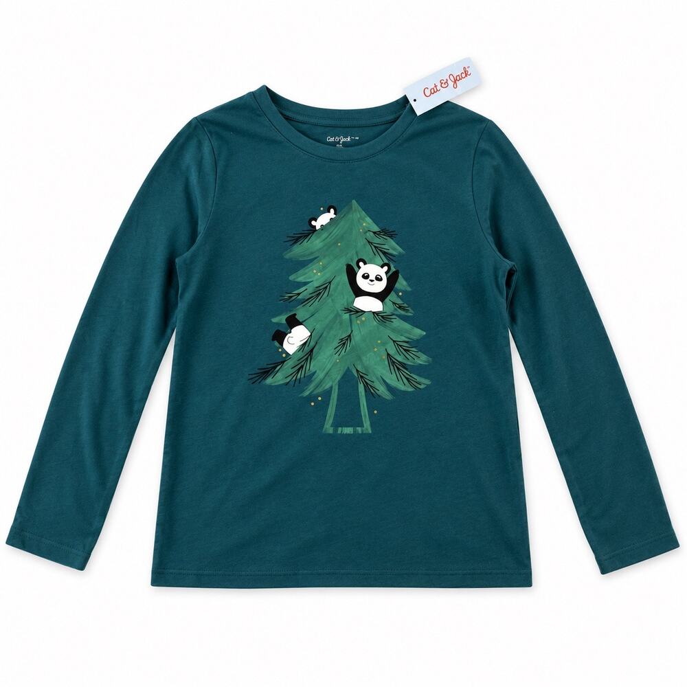 Cat & Jack Girls Green Long Sleeve Pullover W/Tree & Panda Print Shirt Sz M 8